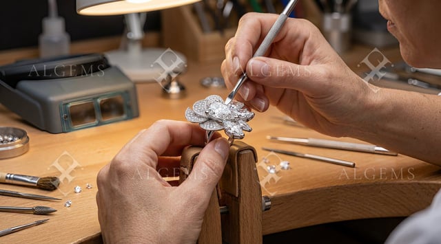Two hands working on the white-gold Diamond Petal Ring above a leather-lined wooden clamp at a warm wooden bench