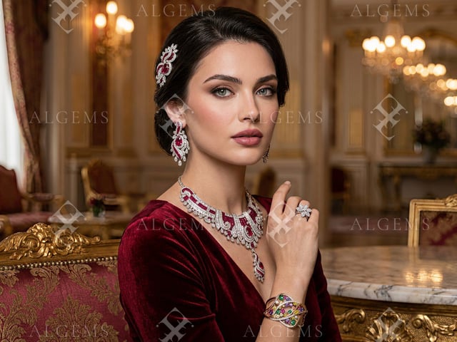 Editorial portrait of a female model in burgundy velvet wearing a maroon and white jewellery suite, floral ring and multicolour bangle in a warm classical interior