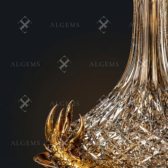 Close detail of cut crystal and a gold dragon against a dark background