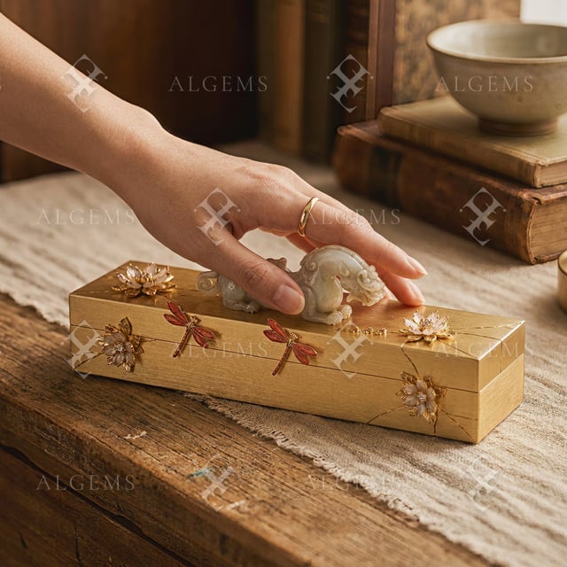 Closed gold Dragonfly Casket with enamel dragonflies and a carved white jade beast on ivory linen, with one hand resting gently on the carving