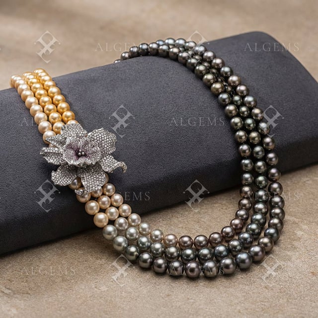Three strands of golden-to-grey pearls with a diamond orchid resting on a charcoal support and warm stone