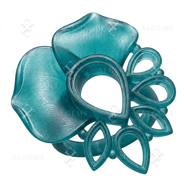 Isolated blue-green floral wax ring model with empty pear-shaped settings and a transparent background