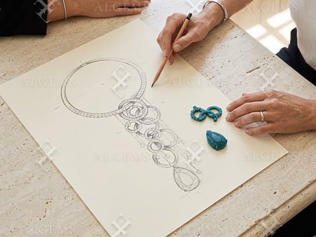 Three hands around a Pink Cascade graphite necklace drawing and two blue-green wax studies, with one hand holding a pencil