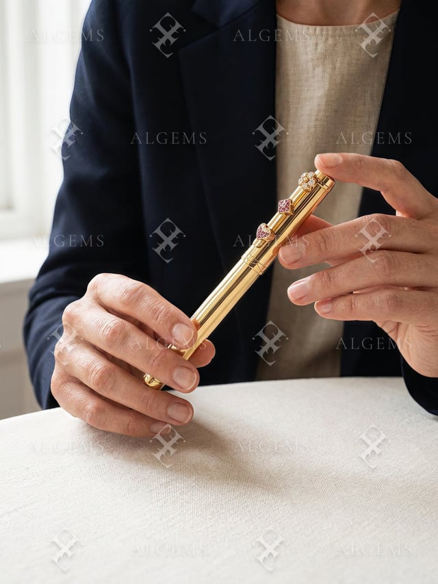Two hands holding a capped gold pen with gem-set decoration above ivory linen