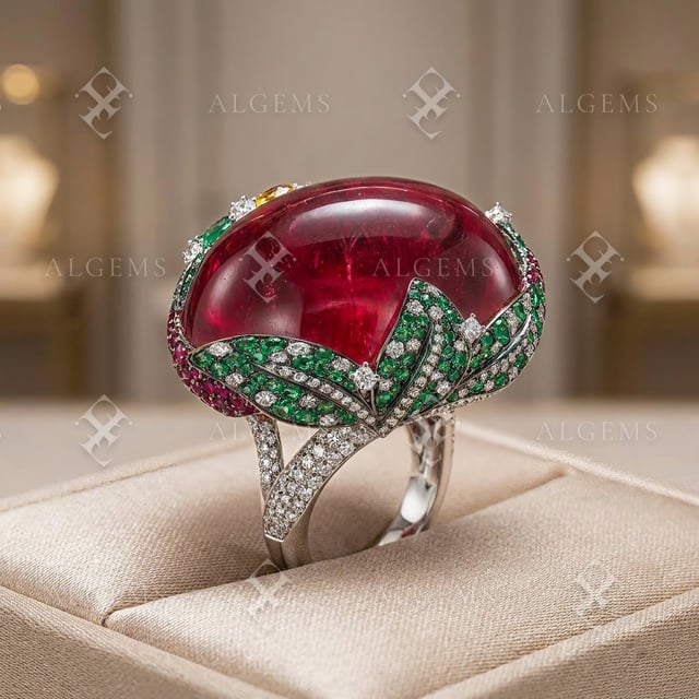 Crimson cabochon ring with green pavé leaves and diamond details held in the slot of an ivory fabric cushion