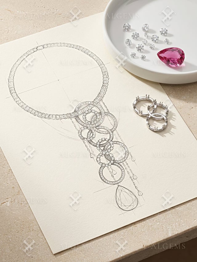 Pink Cascade graphite necklace study on cream paper with three white-metal loop setting studies and a round ivory dish holding a pink pear and loose clear stones