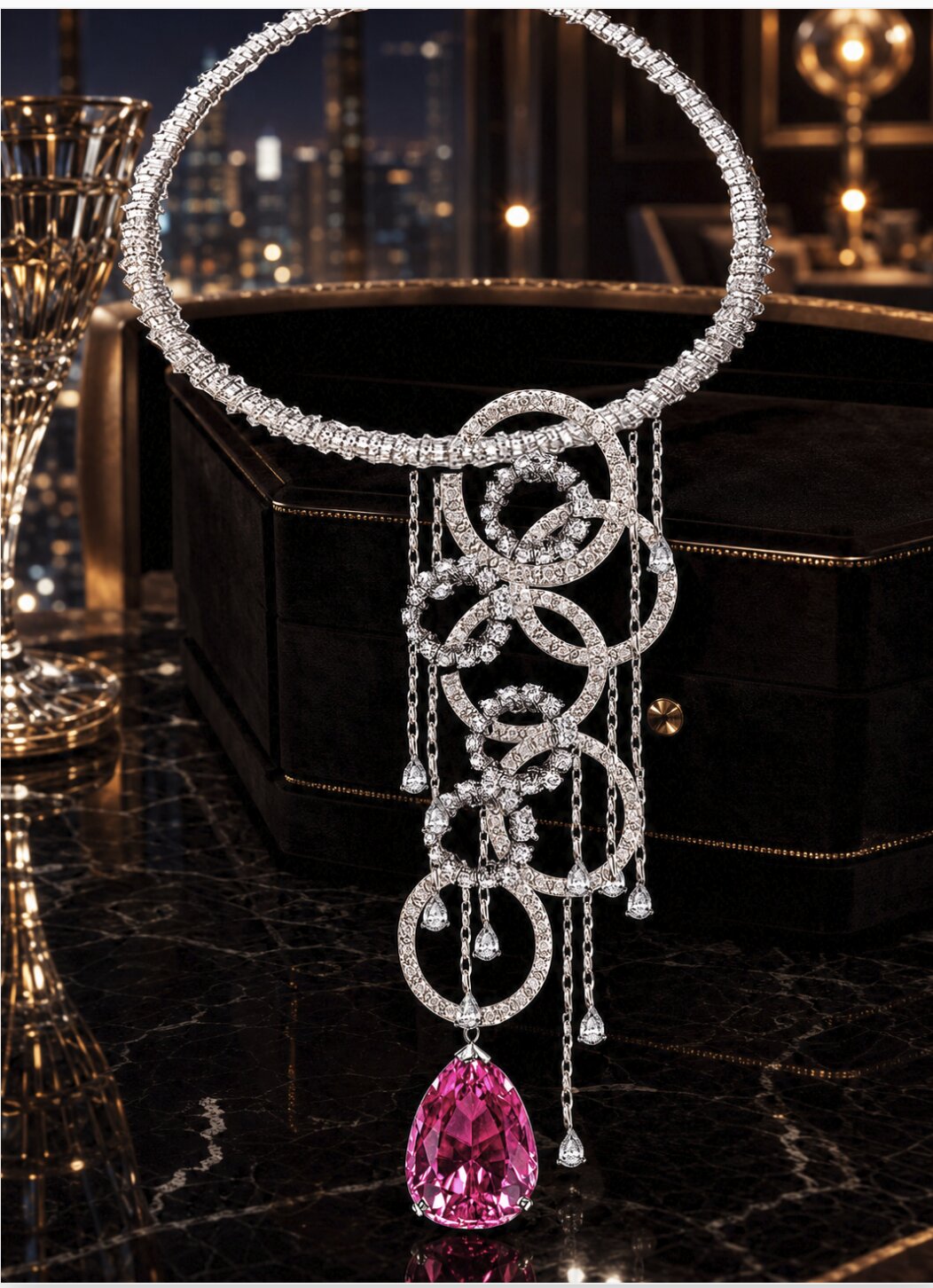 High jewellery necklace with a pink pear-cut gemstone